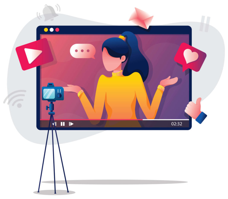 cartoon image of a woman in a video with her hands up and a play button