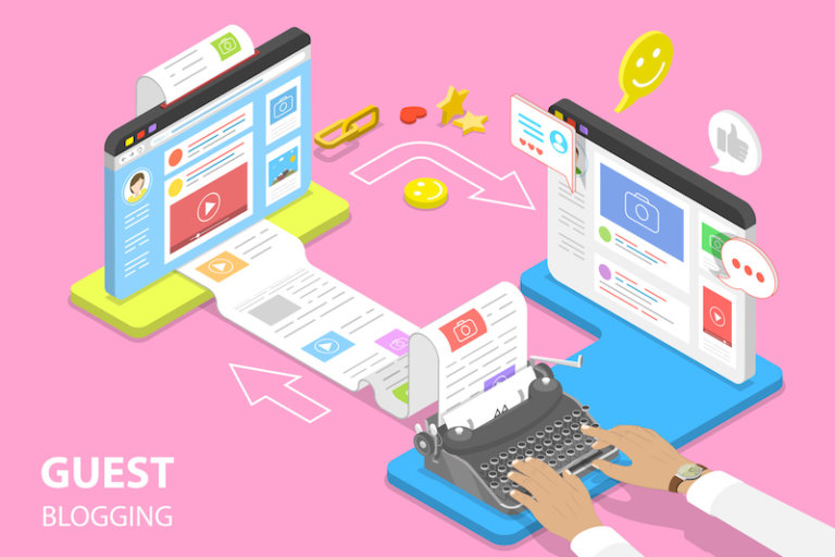Isometric flat vector concept of guest blogging, commercial blog posting and copywriting, content marketing strategy.
