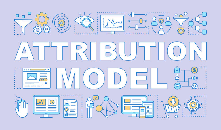 Attribution model word concepts banner. Digital marketing channels. Presentation, website. Isolated lettering typography idea with linear icons. Vector outline illustration