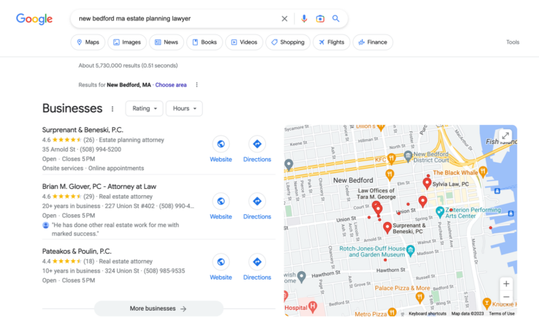Google Map Pack for local attorney search