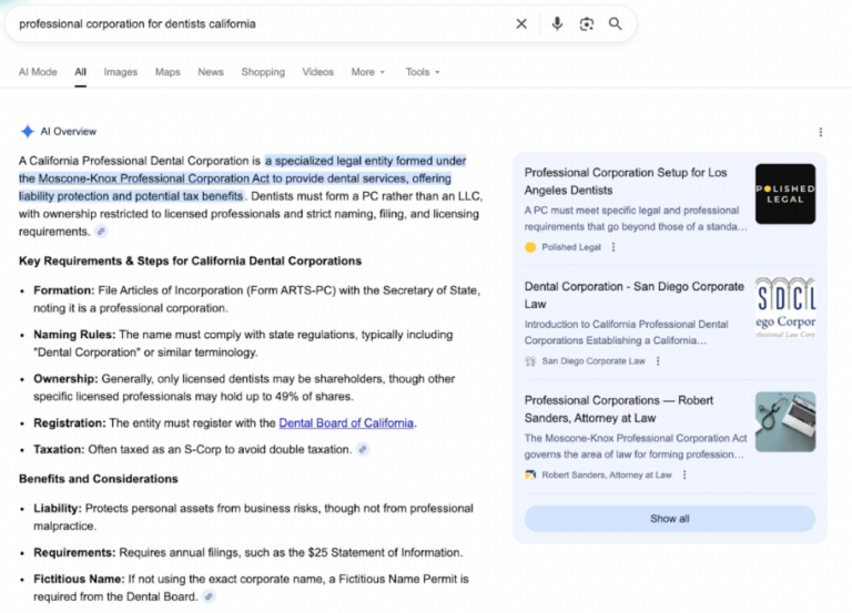 Screenshot of website showing in the AI overview above search results on Google.
