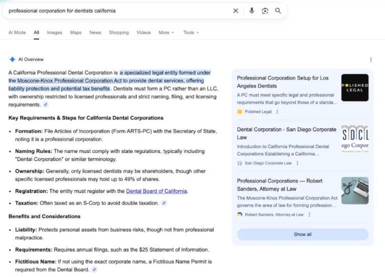 Screenshot of website showing in the AI overview above search results on Google.